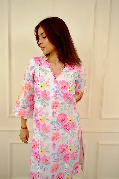 Zeena White Floral Pakistani Kurta Set